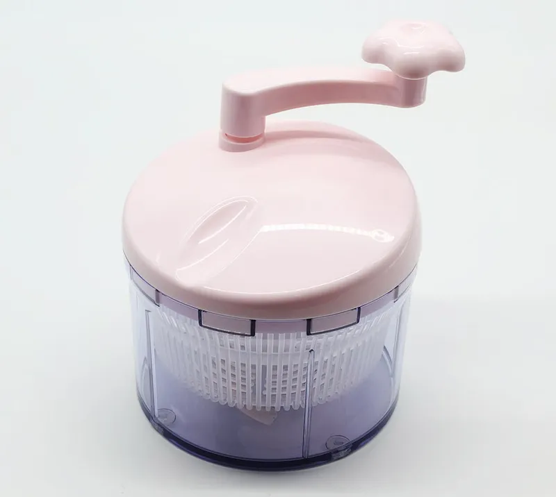 Shimomura Pitaco hand-crank food chopper with a pink lid and clear bowl