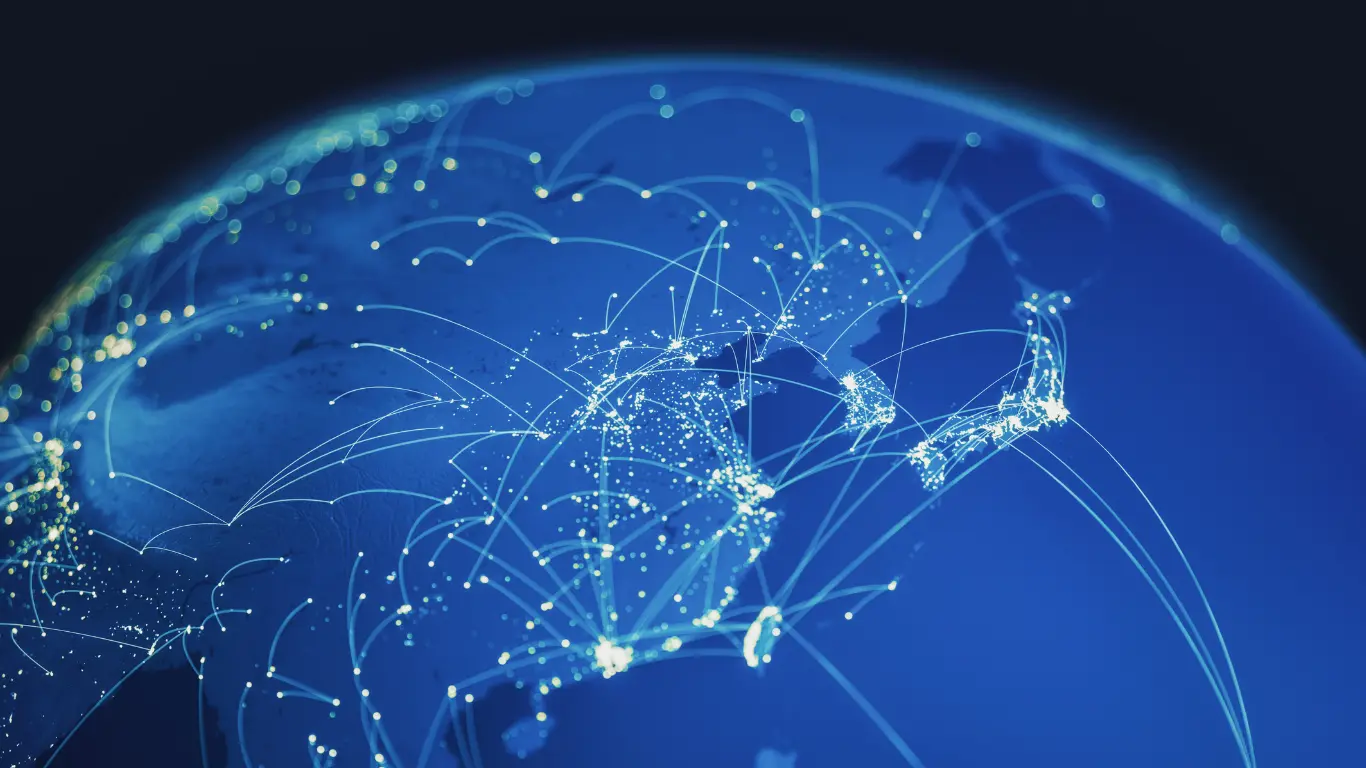 Illustration of the globe at night with international trade routes connecting cities